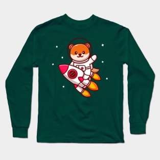 Cute Astronaut Otter Riding Rocket Cartoon Long Sleeve T-Shirt